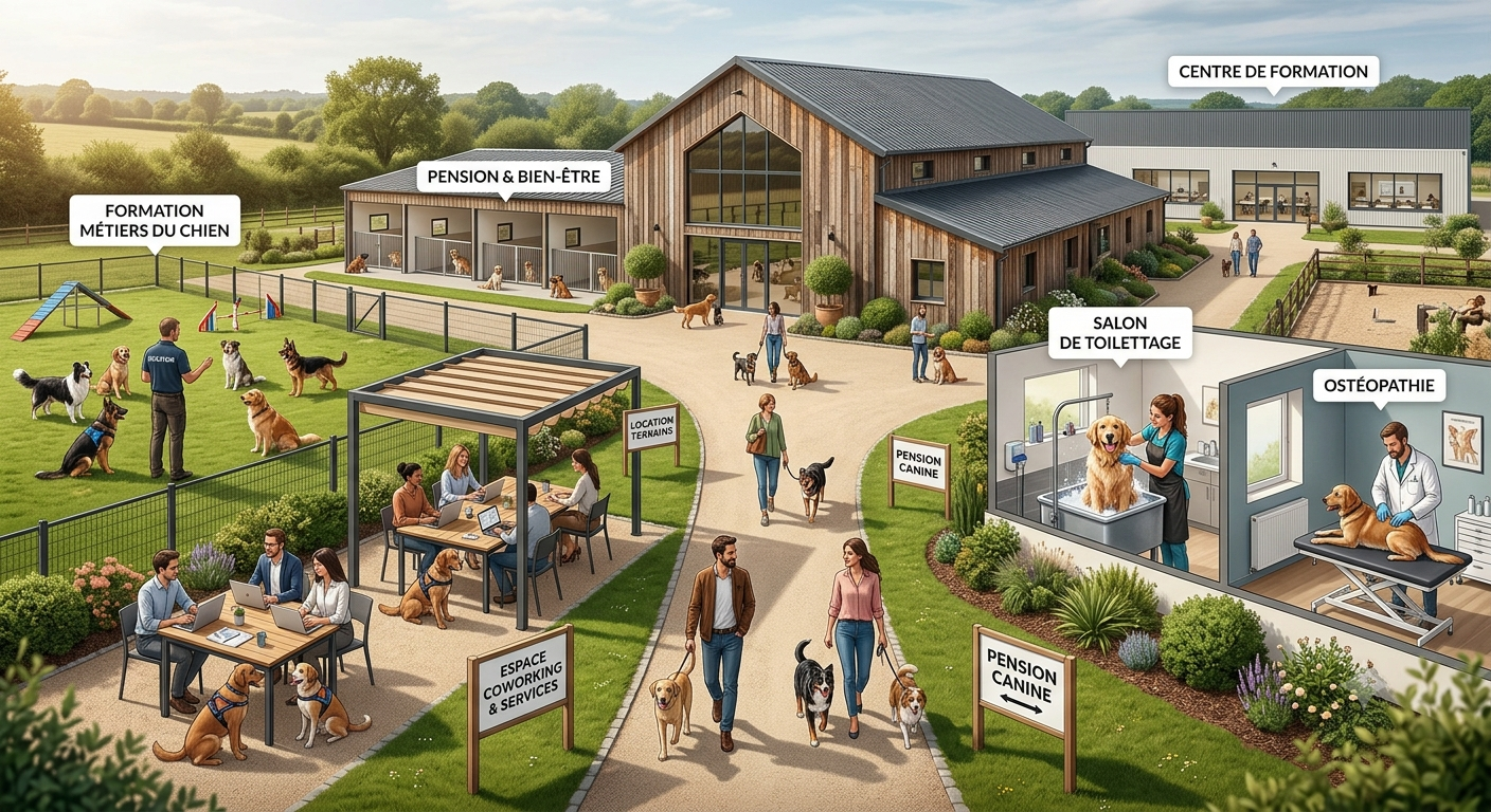 Infographie du projet de coworking canin Educ&Moi à Bréhan regroupant terrain de jeux, pension /garderie, espaces de travail (stages / formation / évènement), ostéopathe, toiletteur, centre de Formation, boutique chien et chat
