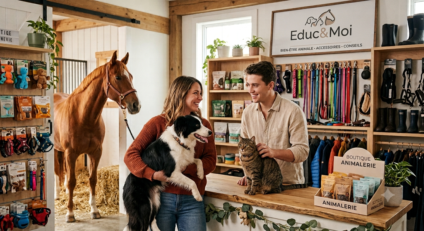 illustration boutique Educ&Moi à Bréhan proposant des accessoires et équipements pour chiens, chats, chevaux et humains